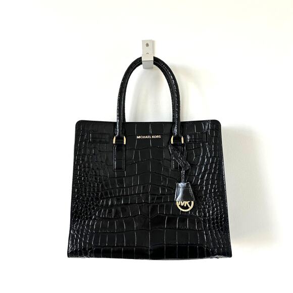 Michael Kors Black Croc Embossed Leather Dillon Tote Crossbody Shoulder Bag - Picture 4 of 15